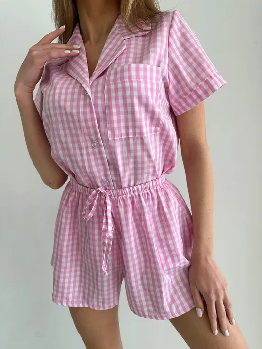 Комплект домашній костюм сорочка короткий рукав і шорти Christel бавовна 130 в клітинку рожевий L Продаж
