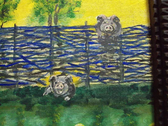 Картина сельский пейзаж жанровая сцена сельская жизнь пара и свиньи ДВП масло в резной раме №8 З аукціону