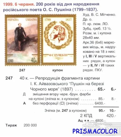 Купити ** УКРАИНА 1999 N247 марка Александр Пушкин поэт С КУПОНОМ