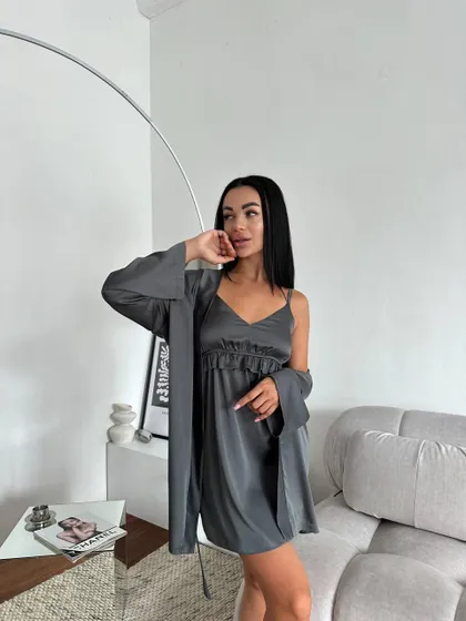 фото, Шовковий комплект халат і сорочка  графіт сірий