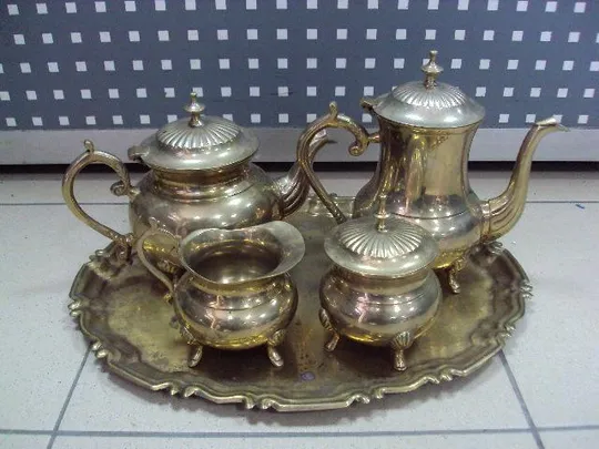 Чайный кофейный сервиз набор чайник, заварник, сахарница, сливочник молочник и поднос латунь (№1829) Ціна