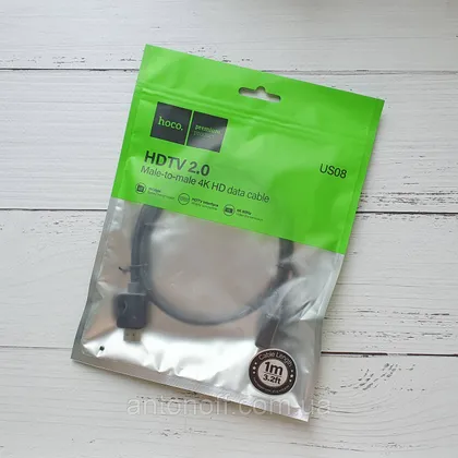 фото, HDMI відео кабель Hoco US08 HDTV 2.0 data cable 4K HD 60Hz 1 метр Чорний