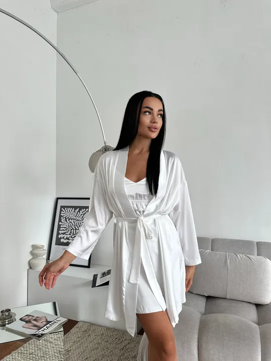 Купити Шовковий комплект халат і сорочка  молочний розмір L