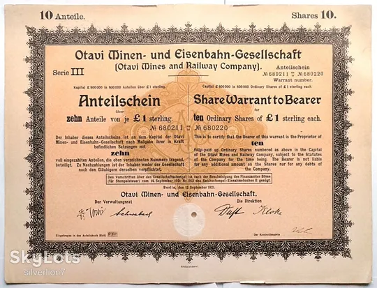 Акція на пред&#039;явника 10/1£ Otavi Minen- und Eisenbahn-Gesellschaft 1921 р. Mt 25 Ціна