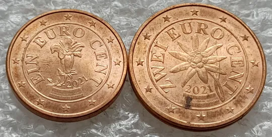 (2137) 1 євроцент 2021, 2 евроценти 2021 Австрія - 2 монети одним лотом /евроцент 2021 Австрия брак Ціна
