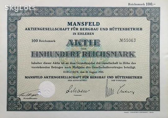 Акція на 100 RM Mansfeld Aktiengesellschaft 1933 Німеччина Mt 20 Ціна