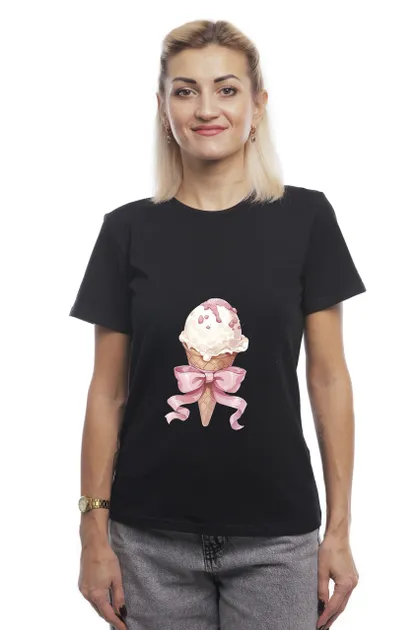 фото, Футболка жіноча однотонна бавовняна Bono принт Морозиво прямого крою (різні кольори) 44, Чорний