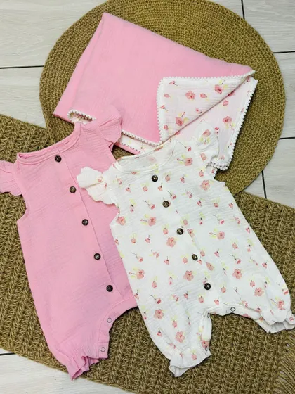 фото, Набір для дівчаток 2 ромпери та плед з мусліну (різні кольори) 68, рожевий/білий квіти