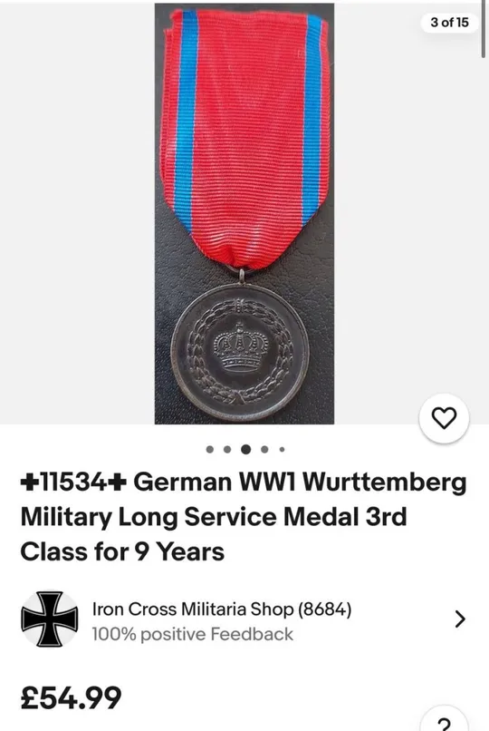 Вюртемберг. Медаль за 9 лет службы. З аукціону