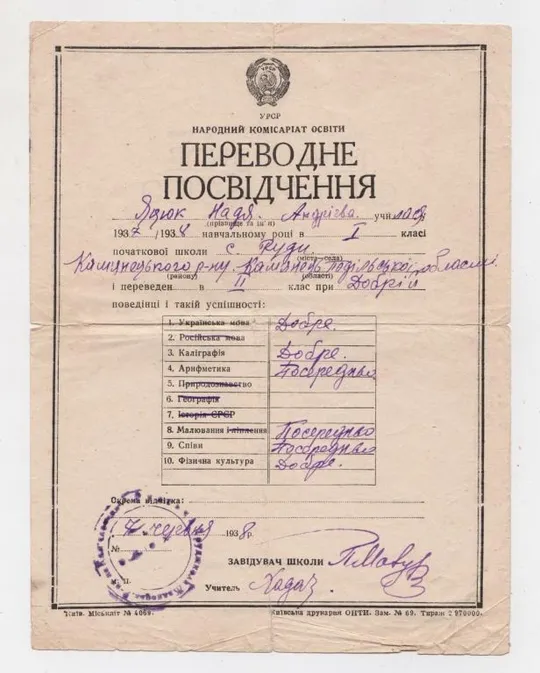 ПЕРЕВОДНЕ ПОСВІДЧЕННЯ в 2 клас = Кам&#039;янець-Подільська область. = 1938 р. Ціна