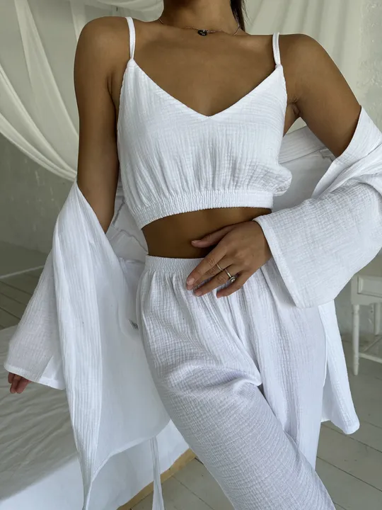 Комплект для дому і сну трійка з мусліну, халат кімоно, топ і штани білий Продаж