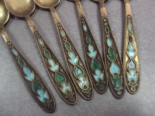 чайные кофейные ложки эмаль серебро 875" ссср лот 6 шт вес 92,48 г №330 З аукціону