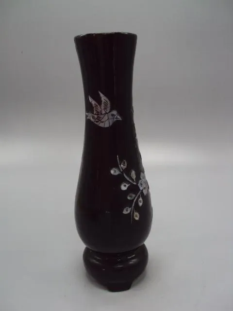 Ваза дерево, перламутр вазочка Вьетнам узор цветы и птичка высота 21,4 см, диаметр 4,8 см №13958 Продаж