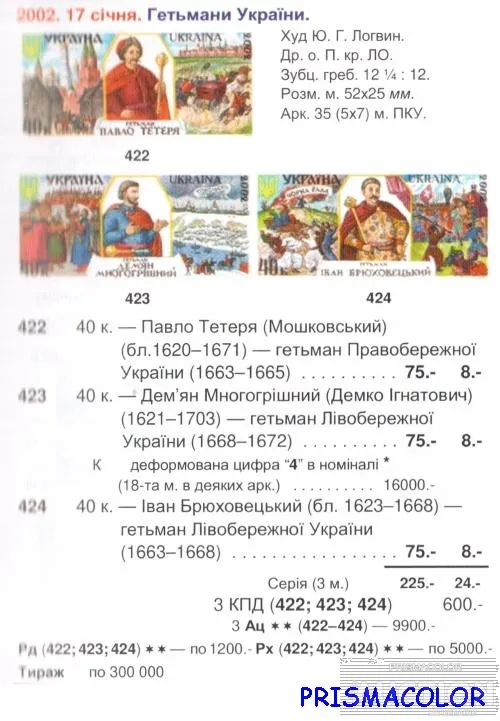 Купити ** УКРАИНА 2002 N422-424 марки Гетманы СЕРИЯ