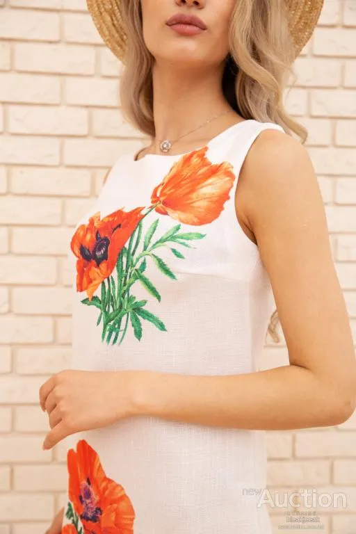 Короткое платье из льна, с цветами Маки, цвет Белый, 172R019-1 Де купити