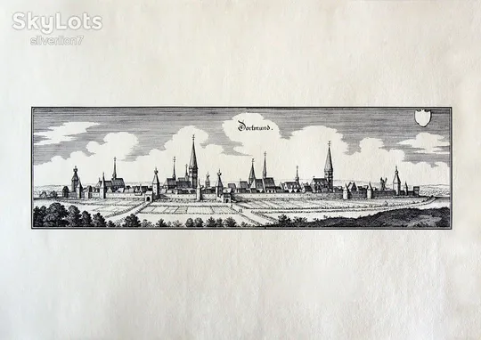 Старовинна гравюра на папері верже Вид на Дортмунд, 1647, M. Merian Ціна