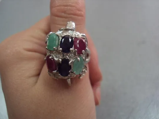 кольцо черепаха черепашка с камнями рубин, сапфир, изумруд серебро 925 проба 13,99г размер 17,5 №151 Де купити