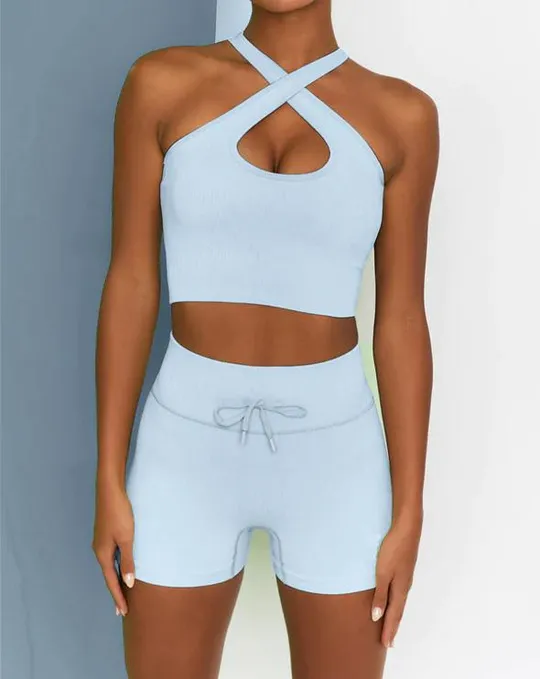 Комплект для фитнеса топ и велосипедки Рубчик 9632 M голубой Продаж