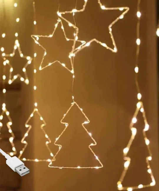Гирлянда штора роса "Елочки Звезды" от USB, 3x1м, 10 фигурок, 8 режимов Ціна