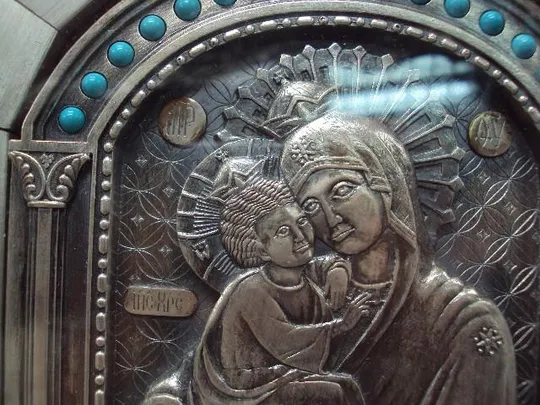 Икона Пресвятая Богородица Почаевская бирюза серебро 925 проба вес 313,87 г размер 32,5х27см №14242 Характеристики