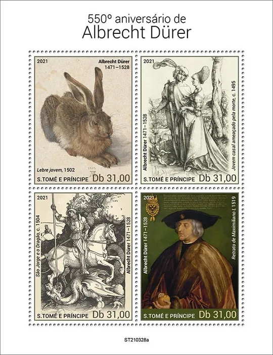 Купити Сан Томе и Принсипи-Живопись-Альбрехт Дюрер-2021. Чистый полный красивый комплект. MNH.
