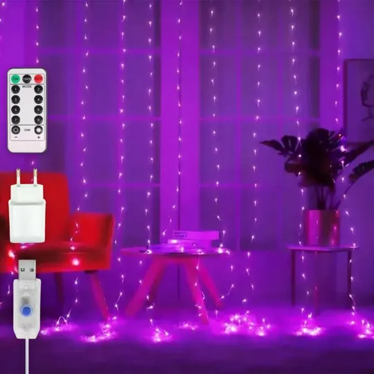Гирлянда штора Роса + пульт, 1,8x1,2м, 144 LED, от USB и сети 220В, 12 нитей, 8 режимов Фиолетовый Ціна