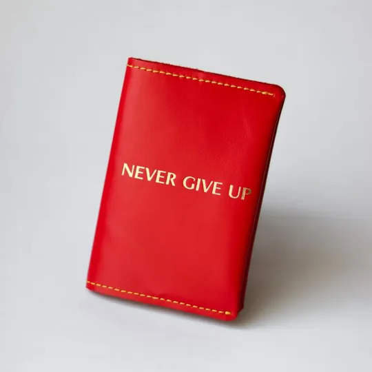 Обкладинка для паспорта "Never give up" червона з позолотою,жовта нитка. Ціна
