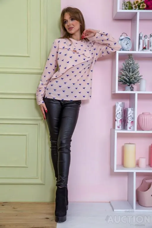 Купити Блуза с длинным рукавом, персикового цвета в принт, 115R248-2