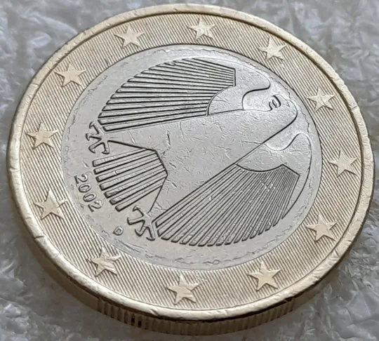 (6714ря) 1 євро 2002 Німеччина, D, розшарування на аверсі (1 евро 2002 Германия, ФРГ, ФРН) Продаж