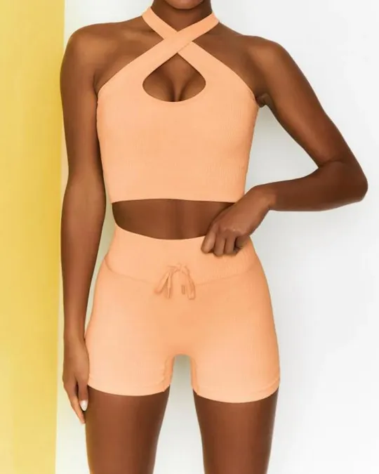Комплект для фитнеса топ и велосипедки Рубчик 9637 S персиковый Де купити