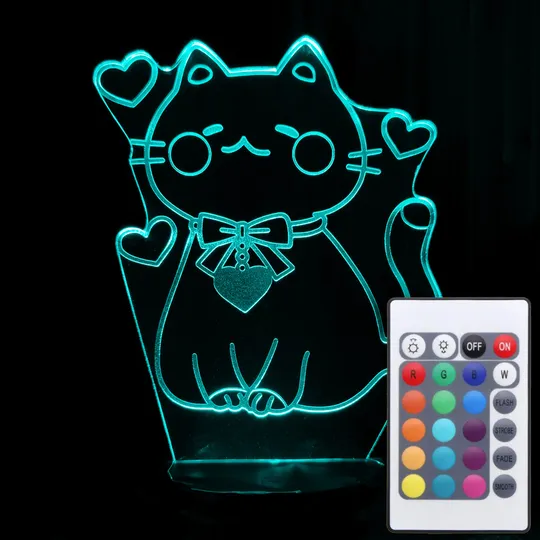Акриловий світильник-нічник з пультом 16 кольорів Кішечка з сердечками tty-n001554 Ціна