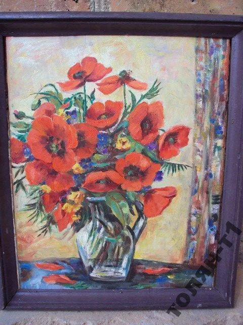 Купити Картина натюрморт маки. масло картон. Италия В раме 36х42 см, без рамы 37,5х30 см №94