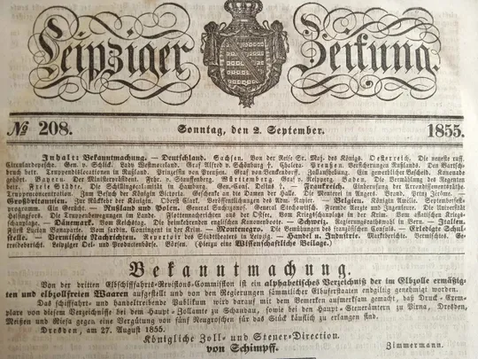 Газета Leipziger Zeitung №208 1855 р. Кримська війна, Німеччина Ціна