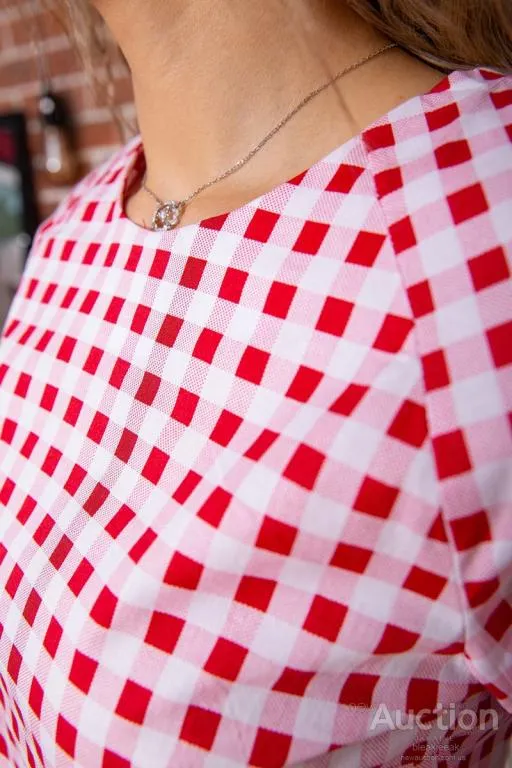 Летнее платье, в красно-белую клетку с карманами, 167R108-10 Де купити