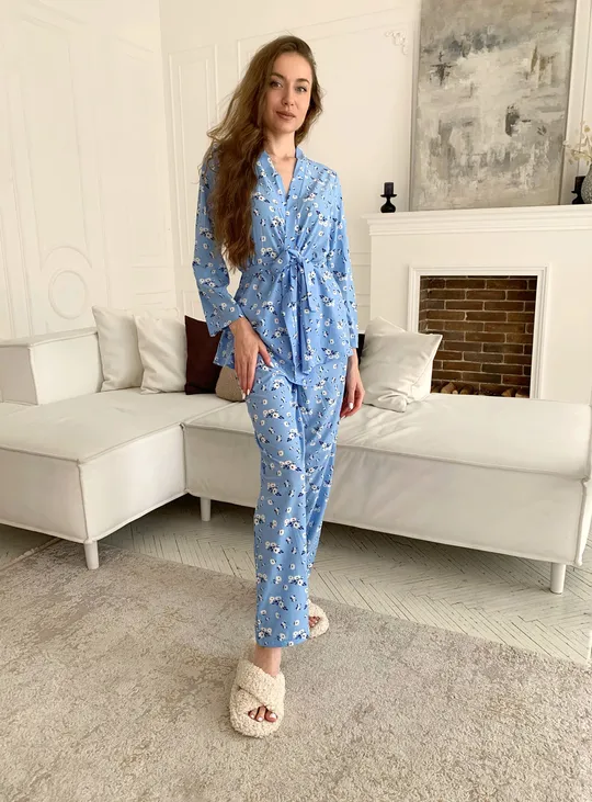 Купити Комплект домашній жакет з поясом і брюки софт Christel 113 блакитний S 42