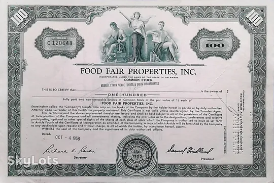 Акція Сертифікат на 100 Акцій Food Fair Properties Inc. 1974 США Mt 09 Ціна