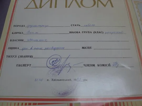 диплом  кинологический союз украины лот 5 шт №4267 Недорого