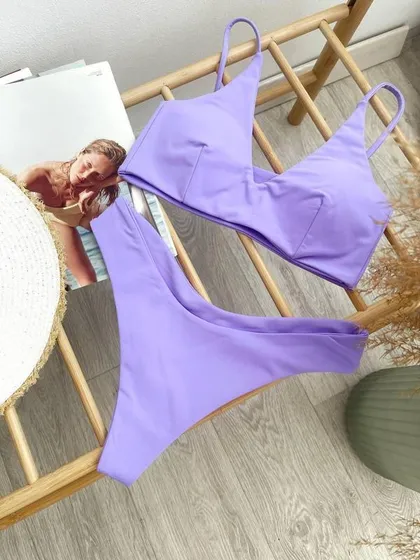 фото, Купальник топ (знімні чашки) і високі плавки бразиліани біфлекс Christel 06 лаванда фіолетовий розмір L