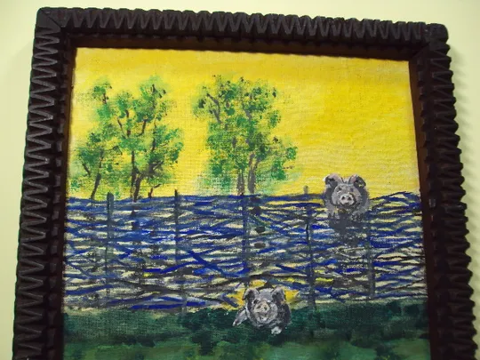 Картина сельский пейзаж жанровая сцена сельская жизнь пара и свиньи ДВП масло в резной раме №8 Інтернет-аукціон