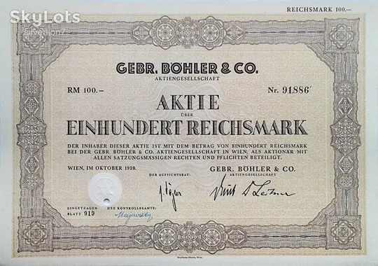 Акція на 100 RM Gebr. Bohler &amp; Co. AG 1939 Німеччина Mt 24 Ціна