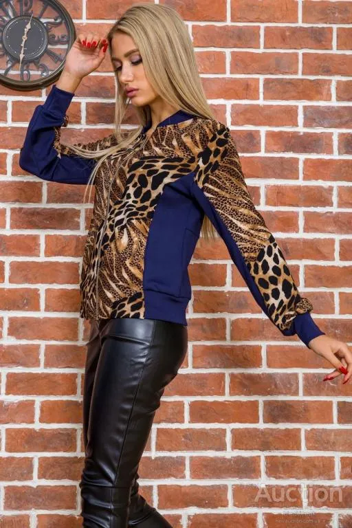 Кофта женская на молнии, сине-коричневого цвета с принтом, 167R037-1 Продаж