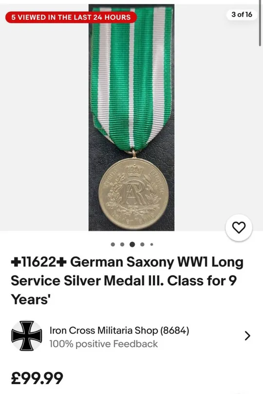Саксония. Медаль за выслугу лет 3-й степени за 9 лет (1913-1918).Сохран Бомба. З аукціону