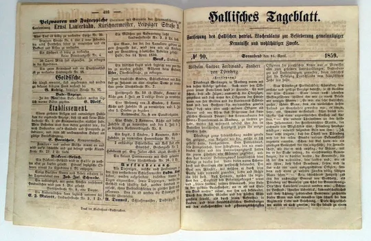 Газета Hallische Tageblatt №89 і №90 1859 рік Німеччина Fv8.6 Продаж