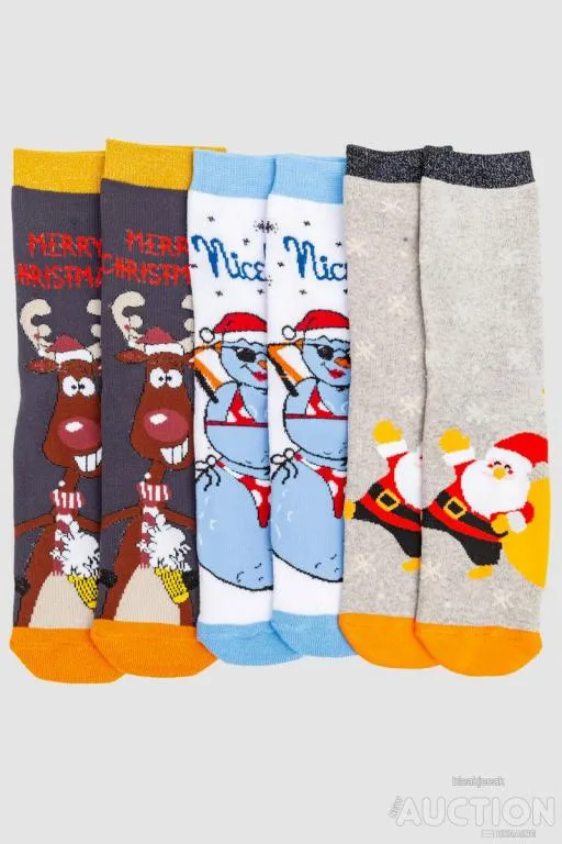 Комплект женских носков новогодних  3 пары, цвет бежевый,белый,темно-серый, 151R261 Ціна