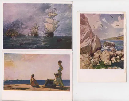 фото, УКРАИНСКИЕ ХУДОЖНИКИ МАРИНИСТЫ = 1957 г. = БАСОВ, ФЕЛЛЕР = 3 открытки из набора = тираж 25 тыс. #