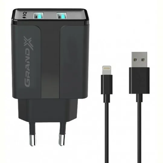 Сетевое зарядное устройство Grand-X (1xUSB 2.4A) Black (CH15LTB) + кабель Lightning Ціна