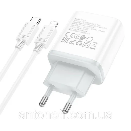 Зарядний пристрій Hoco C105A PD20W+QC3.0 с кабелем Type-C to Apple Білий Де купити