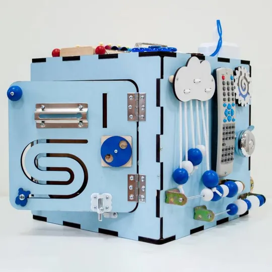 Купити Бизикуб 30x30x30см, 33 элемента, Голубой (Развивающий бизиборд для детей)