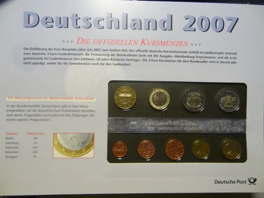 Комплект євромонет Німеччини 2007 D (повний комплект+ 2 ювілейні) UNC Ціна