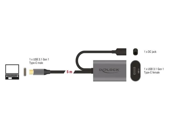 Кабель пристроїв-подовжувач USB Type-C M/F (Active)  5.0m Delock (70.08.5392) (USB3.0) AWG22+28 D=4 З аукціону